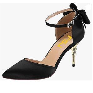 FSJ Black D'orsay Pointy Toe Ankle Strappy Pumps Mid Heels Bowknots Sandals